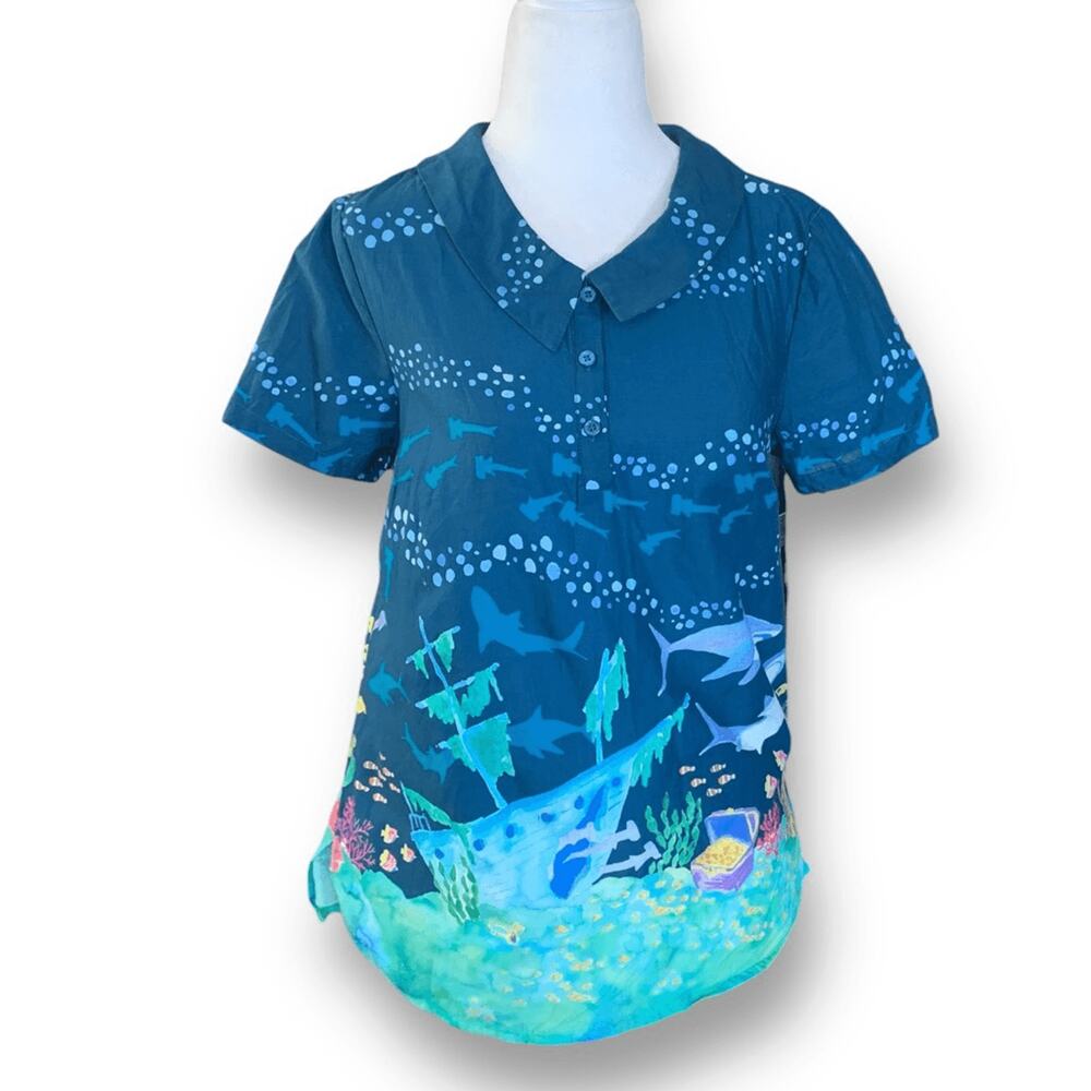 ModCloth Ocean Shark Print Blouse Peter Pan Collar Blue Nautical Top Retro